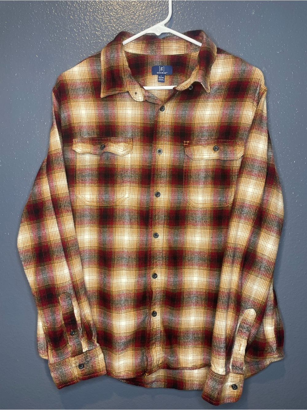 George Men’s Plaid Button-Down Shirt - Red, Cream & Black SKU 11